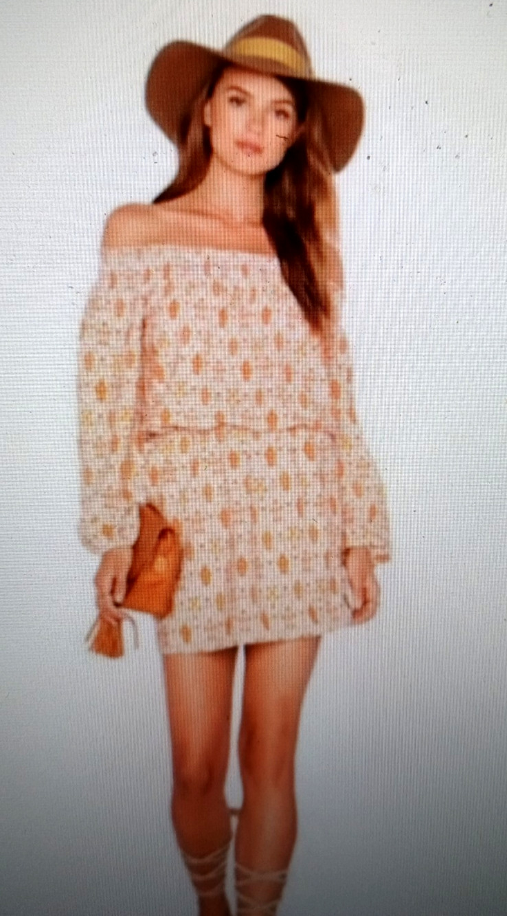 SANCUARY NWT XS BOHO Festival OFF-THE-SHOULDER Peasant Dress Ikat orange beige